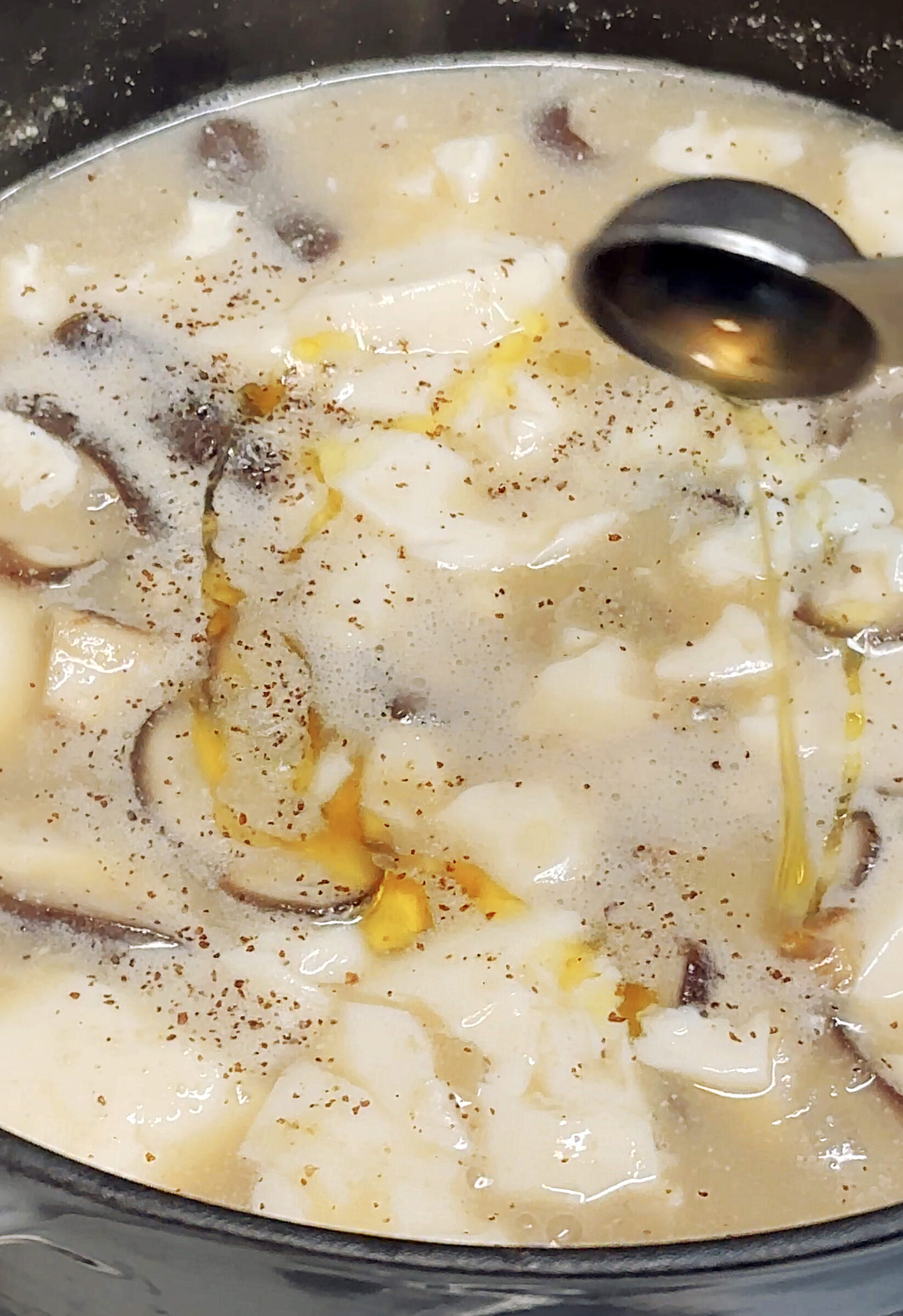 Korean soft tofu soup with mushrooms creamy broth and nutty oil drizzle close up