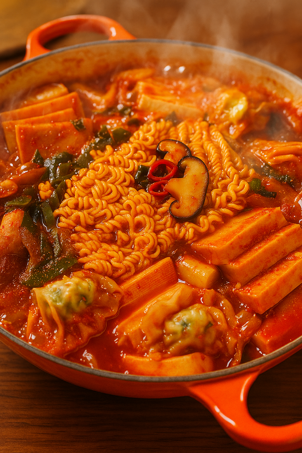 Korean spicy hot pot with ramen noodles, rice cakes, tofu, dumplings and vegetables simmering in a red broth