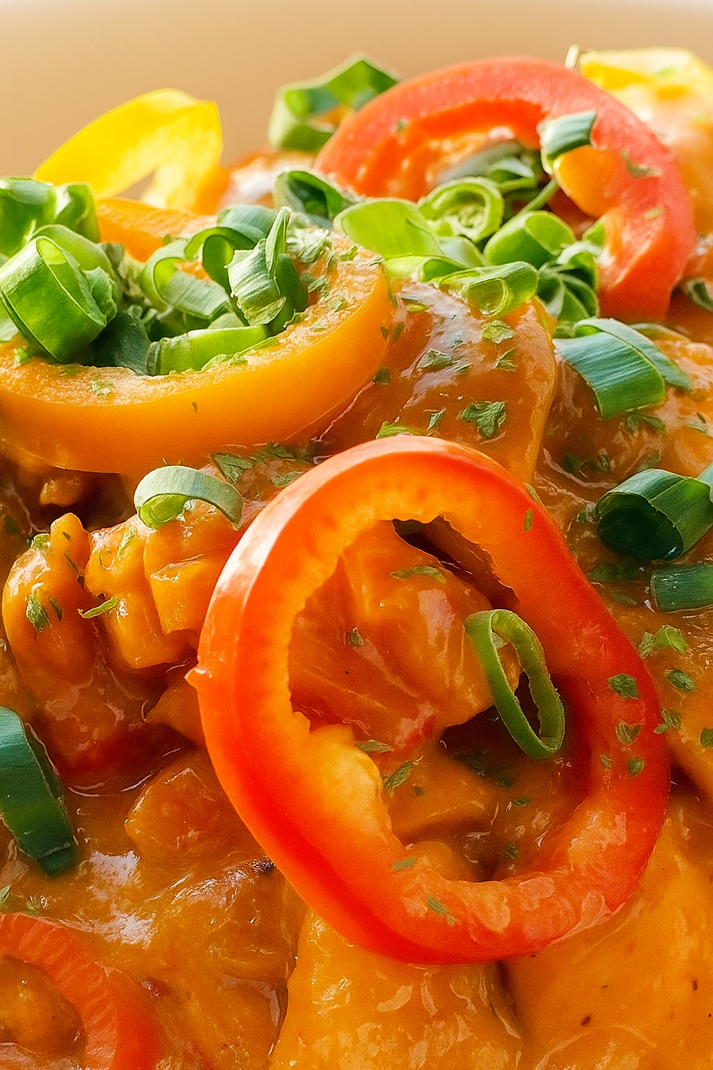 Close-up of rose chicken in creamy tomato sauce with red and yellow bell peppers and green onions