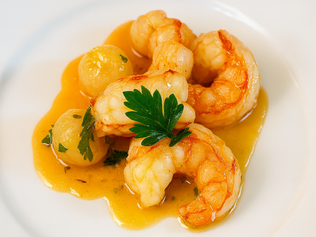 Close-up of gambas al ajillo with garlic and parsley on a white plate