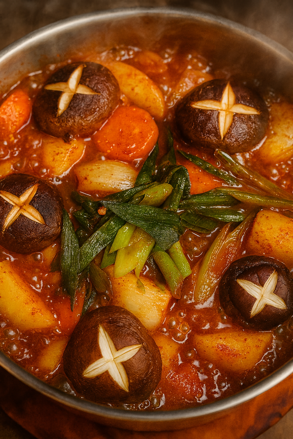 Korean braised chicken stew with potatoes, carrots and scored shiitake mushrooms in a spicy red sauce