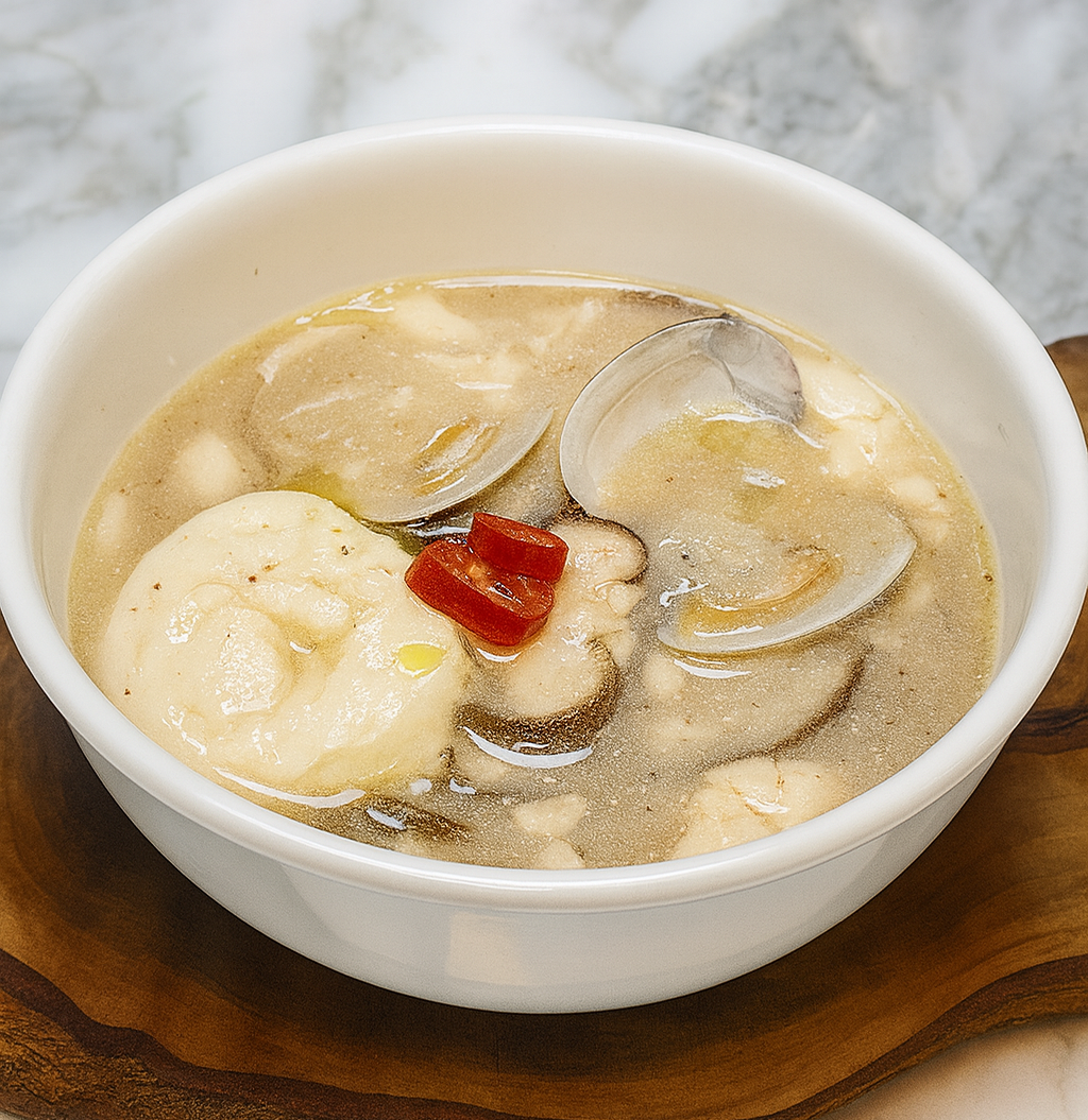 Mild Korean soft tofu stew with perilla seeds clams mushrooms and soft tofu in a white bowl